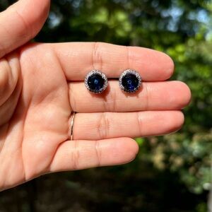 18K White Gold Plated Stainless Steel Sapphire Blue Diamond Stud Earrings